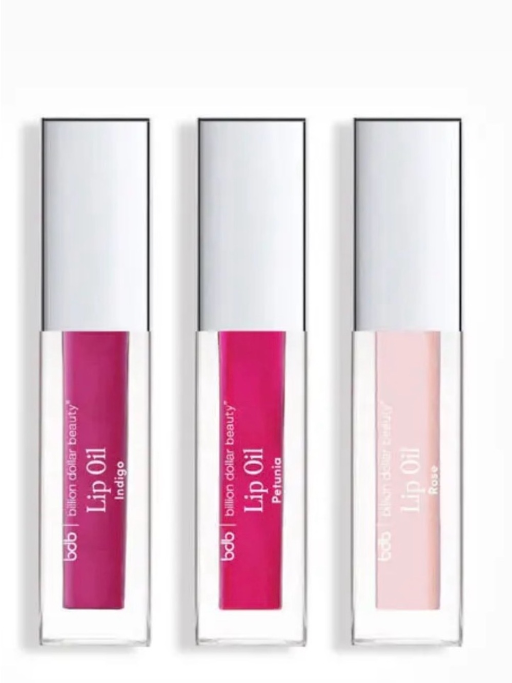NWT bdb billion dollar beauty Luxe Lip Oil Trio — Indigo, Petunia, Rose 3g (x3)